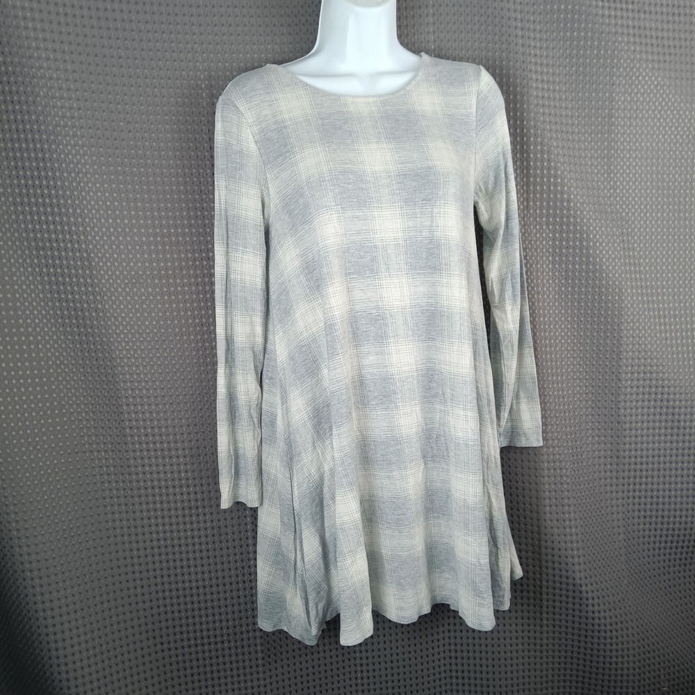 Old Navy Womens Grey Plaid Long Sleeve Swing Dress Petite Medium A-Line Mini - Picture 2 of 10
